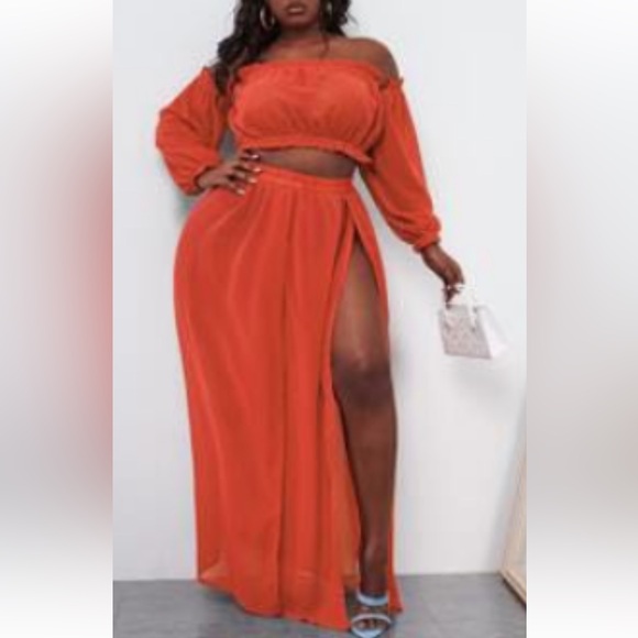 SHEIN Dresses & Skirts - SHEIN Maxi Skirt Set 2XL | Off Shoulder Crop Top & High 2Slit Skirt sheer Orange